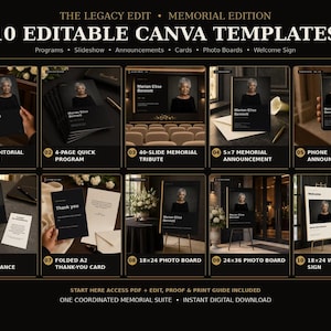 Editable Canva Funeral Program Bundle: 8-Page Obituary + 40-Slide Memorial Tribute