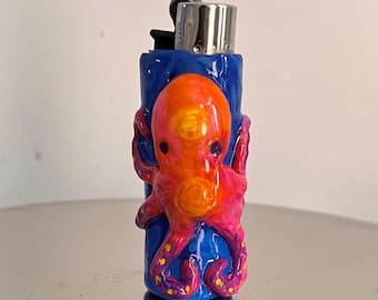 Custom Handmade Octopus Lighter Case | funny Clay Clipper Lighter Holder | UV Reactive Smoker Gift |  Unique Present