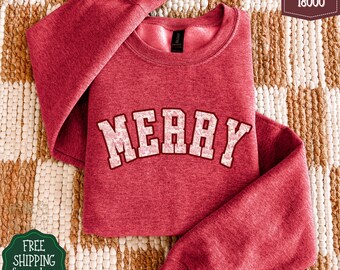 Floral Merry Christmas Sweatshirt, Women's Holiday Crewneck