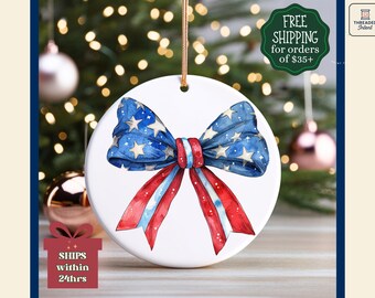 Patriotic Bow Ceramic Christmas Ornament, USA Colors