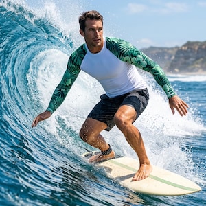 May include: A surfer rides a wave on a surfboard. He wears a white and green long-sleeve shirt with a tropical leaf pattern on the sleeves, black shorts, and a black ankle leash. The surfboard is light yellow with a green stripe.