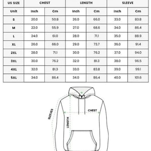May include: A size chart for an all over print hoodie featuring a table with US sizes from S to 5XL, listing chest, length, and sleeve measurements in inches and centimeters, alongside a line drawing of a hoodie with labeled dimensions.
