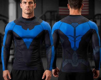 Blue Black Superhero Rash Guard Men Women Youth, Short Long Sleeve Tactical Compression Shirt, Cosplay Armor Fitness Top