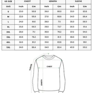 May include: A size chart for an all over print sweatshirt featuring a table with US sizes from S to 5XL, listing chest, length, and sleeve measurements in inches and centimeters, alongside a line drawing of a sweatshirt with dimension arrows.