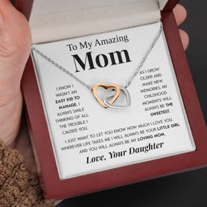 Interlocking Hearts Necklace Gift from Little Girl & Boy for Mom, Birthday Jewelry in 14k White or 18k Yellow Gold, Family Love Gift