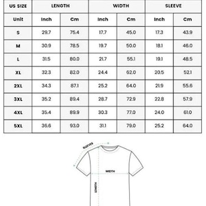 May include: A size chart for an all over print t-shirt featuring a table with US sizes from S to 5XL, listing length, width, and sleeve measurements in inches and centimeters, accompanied by a line drawing of a t-shirt showing measurement points.