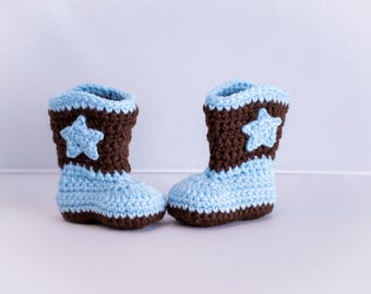 Crochet Baby Cowboy Booties: Blue & Brown, Newborn to 12 Months (Made To Order)