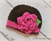 Crochet gorro de bebé, sombrero del bebé, sombrero con rosa, hecho a la medida, recién nacido a 24 meses