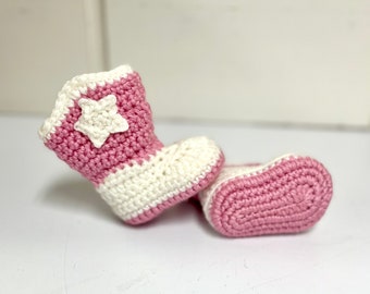 Crochet Baby Cowboy Booties: Pink & White, Newborn to 12 Months (MADE TO ORDER)