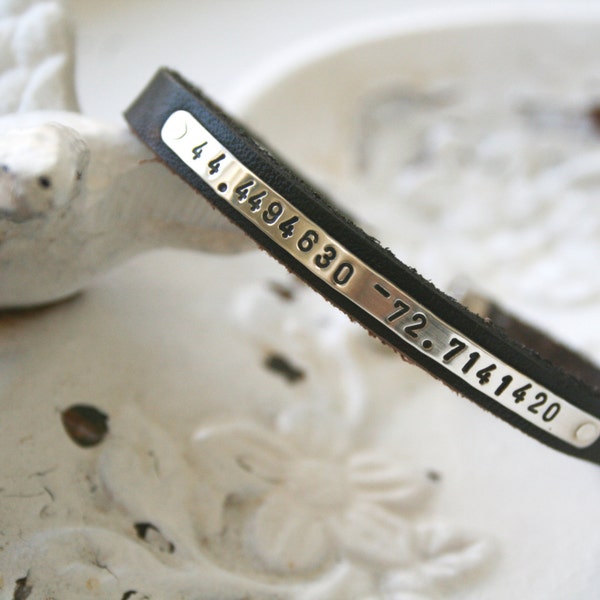 personalized sterling silver longitude latitude, quote or special date in roman numerals custom plaque on leather wrap bracelet