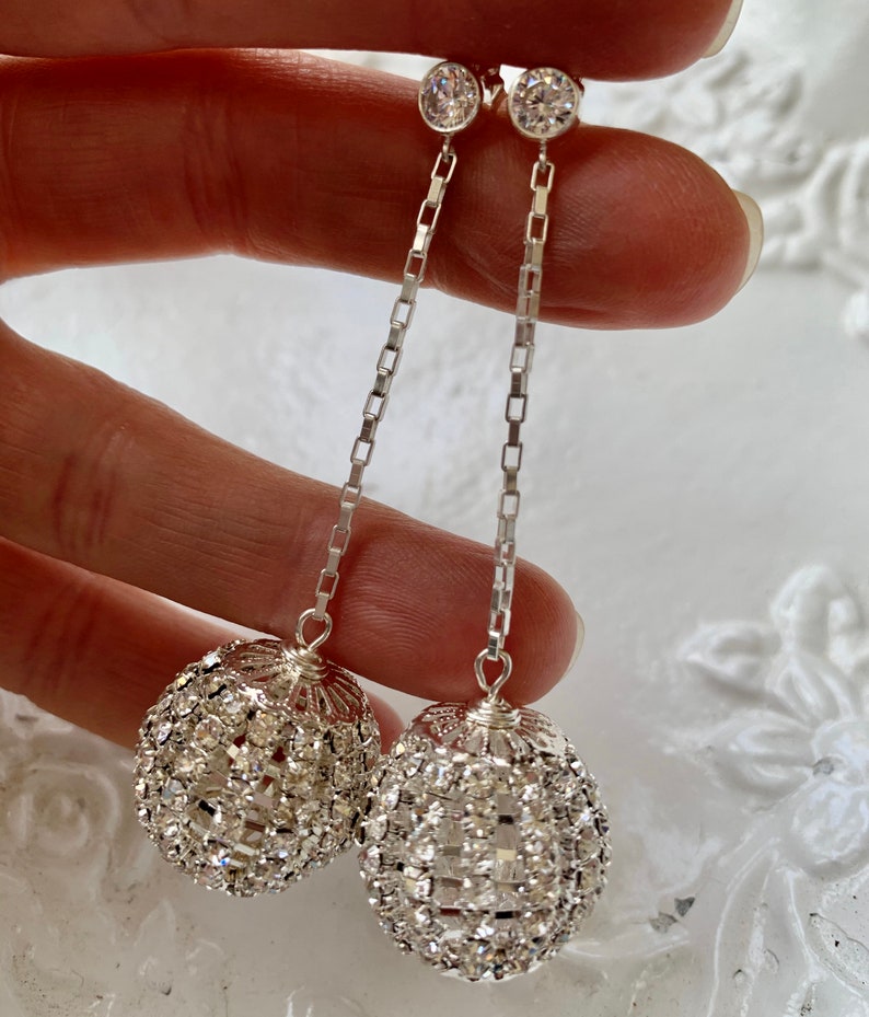 sterling silver rhinestone disco ball holiday wedding drop earrings image 10