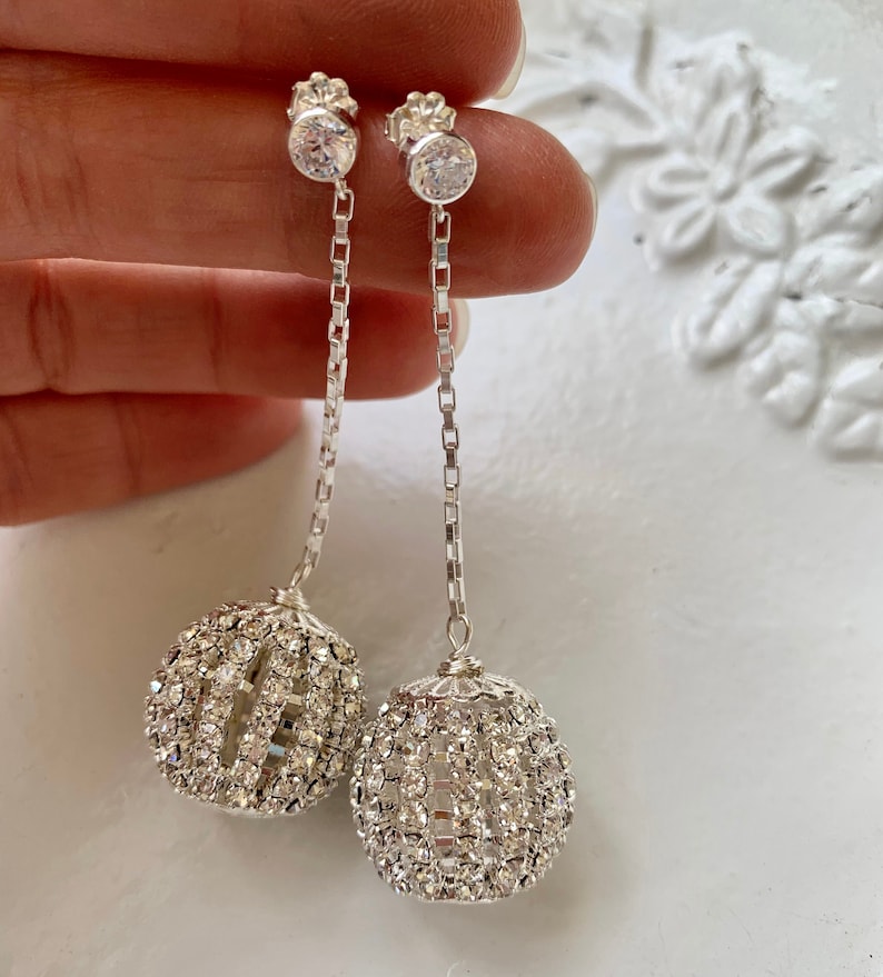 sterling silver rhinestone disco ball holiday wedding drop earrings image 9