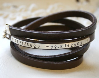 personalized sterling silver longitude latitude, quote or special date in roman numerals custom plaque on leather wrap bracelet.
