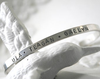 the hilary bracelet - personalize this sterling silver cuff bracelet with names / latitude longitude / mantra / quote etc.