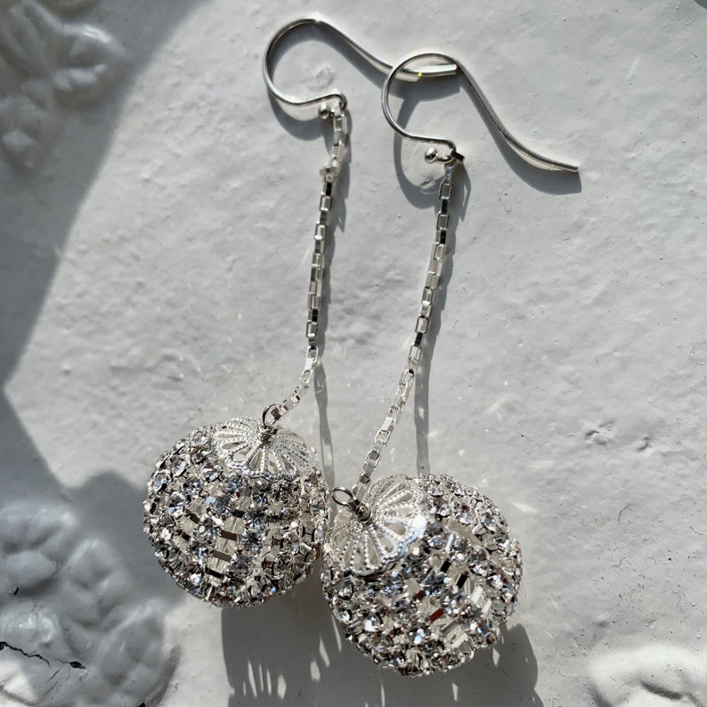 sterling silver rhinestone disco ball holiday wedding drop earrings image 4