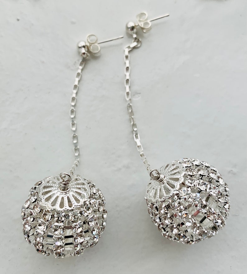 sterling silver rhinestone disco ball holiday wedding drop earrings image 8