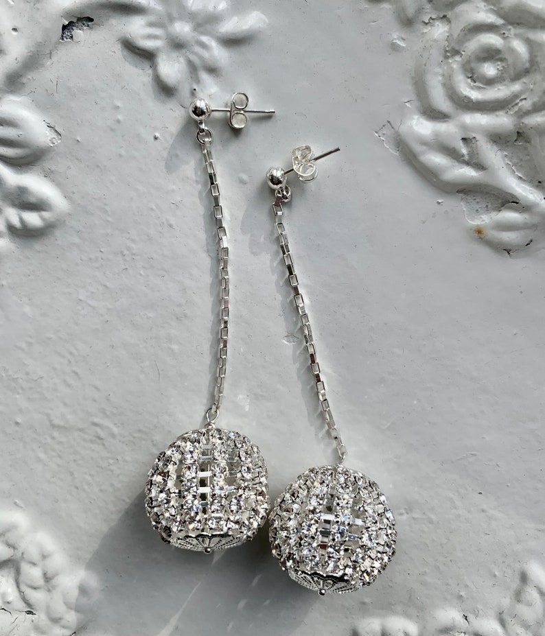 sterling silver rhinestone disco ball holiday wedding drop earrings image 6