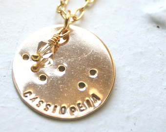 cassiopeia, the queen constellation necklace - brass pendant and matching crystal on cable chain