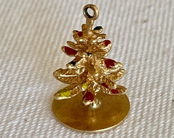 Vintage Estate 14k Yellow Gold Enamel 3D Christmas Tree charm pendant