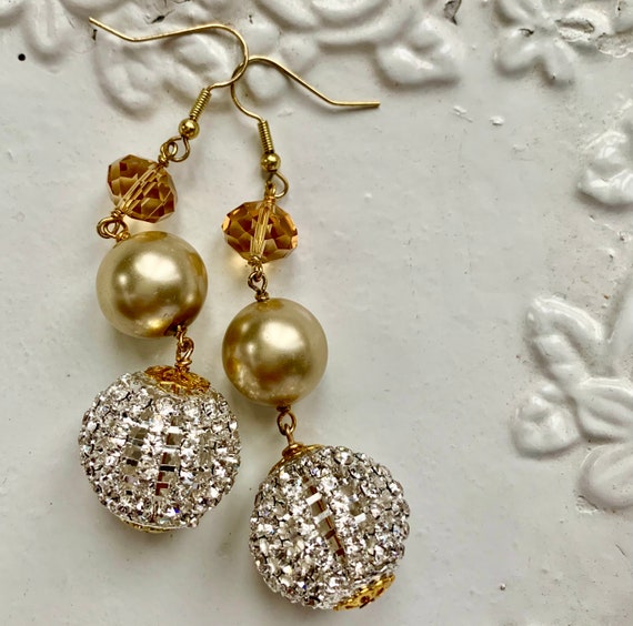 Gold Metal, Crystal and Pearl Disco Ball CC Drop Earrings