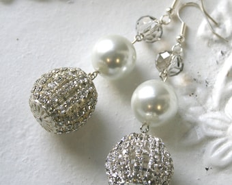 crystal pearl and rhinestone disco ball drop three tiered earrings - choose silver or gold