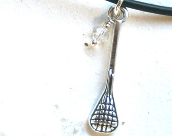 sterling silver lacrosse stick pendant with crystal charm on black leather necklace