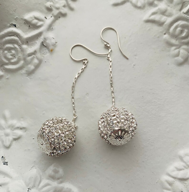 sterling silver rhinestone disco ball holiday wedding drop earrings image 2
