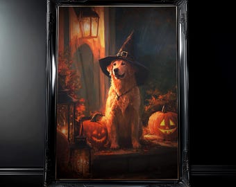Könnte beinhalten: Gerahmtes Halloween-Kunstwerk mit einem Golden Retriever, der einen Hexenhut trägt. Der Hund sitzt auf einer Veranda mit geschnitzten Kürbissen und einer Laterne. Das Kunstwerk hat eine dunkle Farbpalette mit Orange- und Schwarztönen.