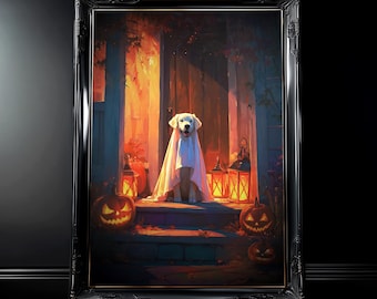 Könnte beinhalten: Gerahmtes Halloween-Kunstwerk mit einem Hund im Geisterkostüm. Der Hund sitzt auf einer Veranda mit Kürbissen und Laternen. Das Kunstwerk hat einen schwarzen Rahmen und ist vor einem dunklen Hintergrund platziert.