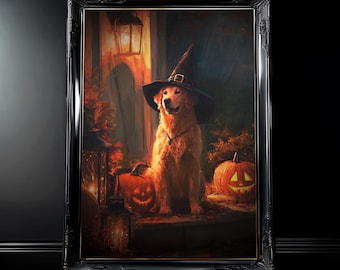 Könnte beinhalten: Gerahmtes Halloween-Kunstwerk mit einem Golden Retriever, der einen Hexenhut trägt. Der Hund sitzt auf einer Veranda mit geschnitzten Kürbissen und einer Laterne. Das Kunstwerk hat eine dunkle, stimmungsvolle Ästhetik mit warmen Orange- und Brauntönen.