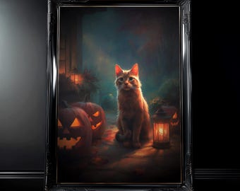 Cozy Halloween Cat and Pumpkins - Autumn Art Print