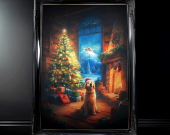 Può includere: Dipinto incorniciato a tema natalizio. Un golden retriever con un cappello da Babbo Natale è seduto davanti a un albero di Natale decorato e un camino. La scena include una vista di montagna innevata attraverso una finestra e regali.