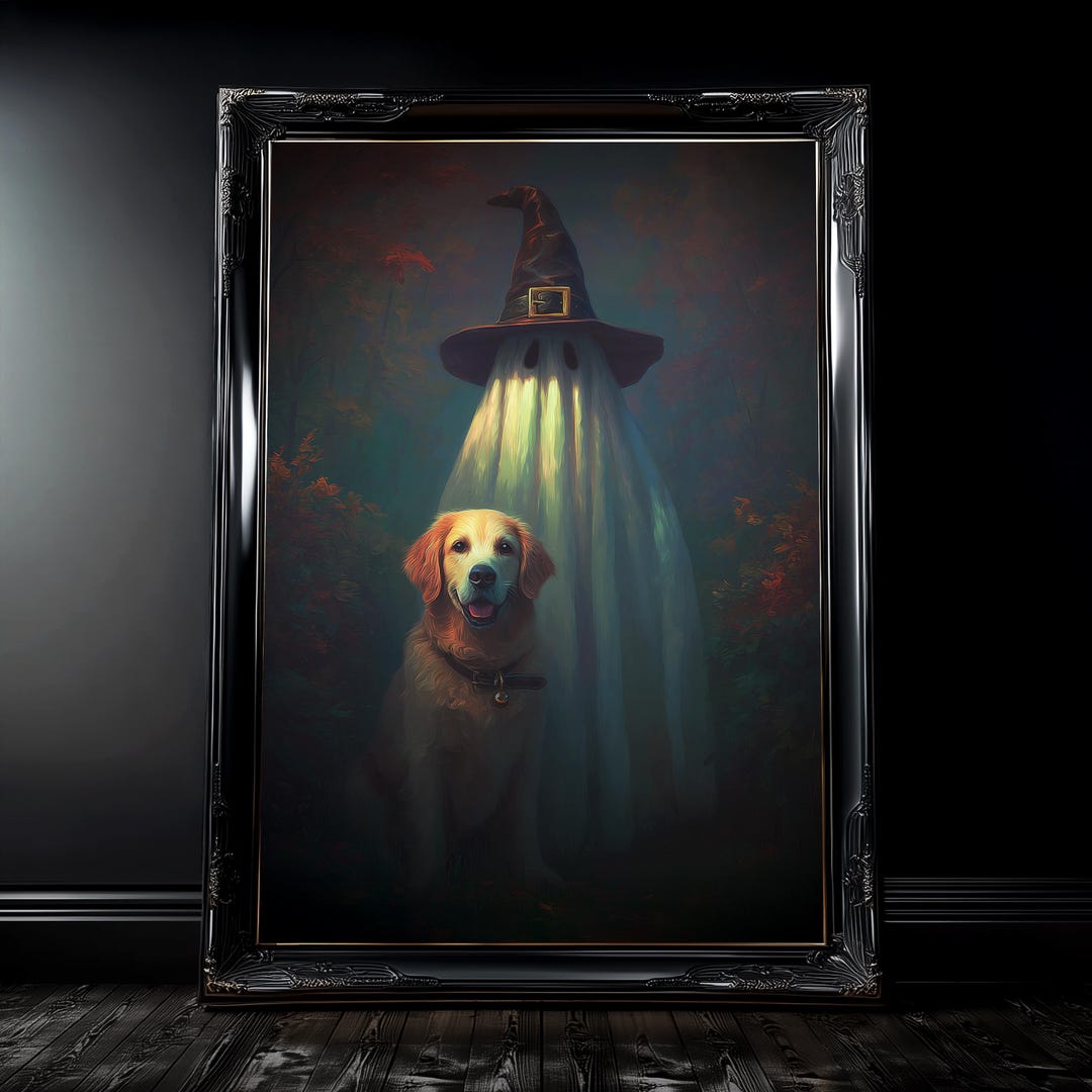 Golden Retriever and Ghost - Halloween Art Print - Etsy