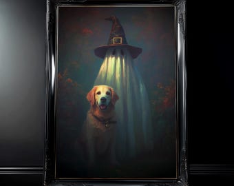 Golden Retriever y fantasma - Impresión artística de Halloween