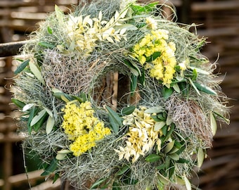 Frischer Sommerkranz Gelb Handgebunden mit Olivenzweigen | Türkranz Sommer & Tischkranz | Sommerdeko für draußen