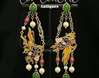 Koi Fish Earrings. Colorful Goldfish Enamel Drop Statement Earrings. Art Nouveau Dangle Jewelry.Handmade Antique Style Birthday Gift for Her
