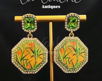 Bamboo Earrings. Oriental Art Deco Green Crystal Orange Octagon Drop Statement Earrings. Handmade Asian-Inspired Jewelry Birthday Gift