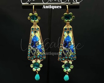 Art Nouveau Blue Iris Earrings. Vintage Inspired Floral Dangle Drop Earrings. Handmade Antique Style Enamel Flower Earrings Gift for Her