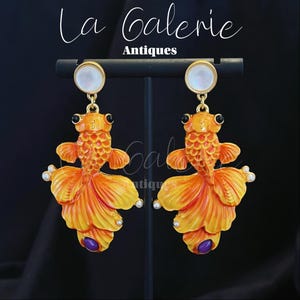 Goldfish Earrings. Handmade Enamel Koi Fish Dangle Jewelry. Art Nouveau Chinoiserie Statement Earring Whimsical Vintage Style Birthday Gift