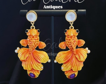 Goldfish Earrings. Handmade Enamel Koi Fish Dangle Jewelry. Art Nouveau Chinoiserie Statement Earring Whimsical Vintage Style Birthday Gift