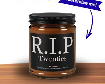 Funny Personalizable RIP Birthday Candle Scented Soy Candle, Amber Jar
