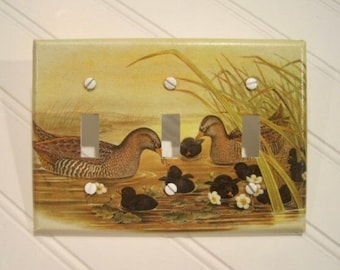 Decoupage Switch Plate: Victorian Birds and Ducklings in the Marsh -- Triple Outlet -- 8.125" x 4.5"