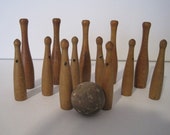 Antique Children 39 s Small Wooden Toy Skittles Bowling Pins with Ball