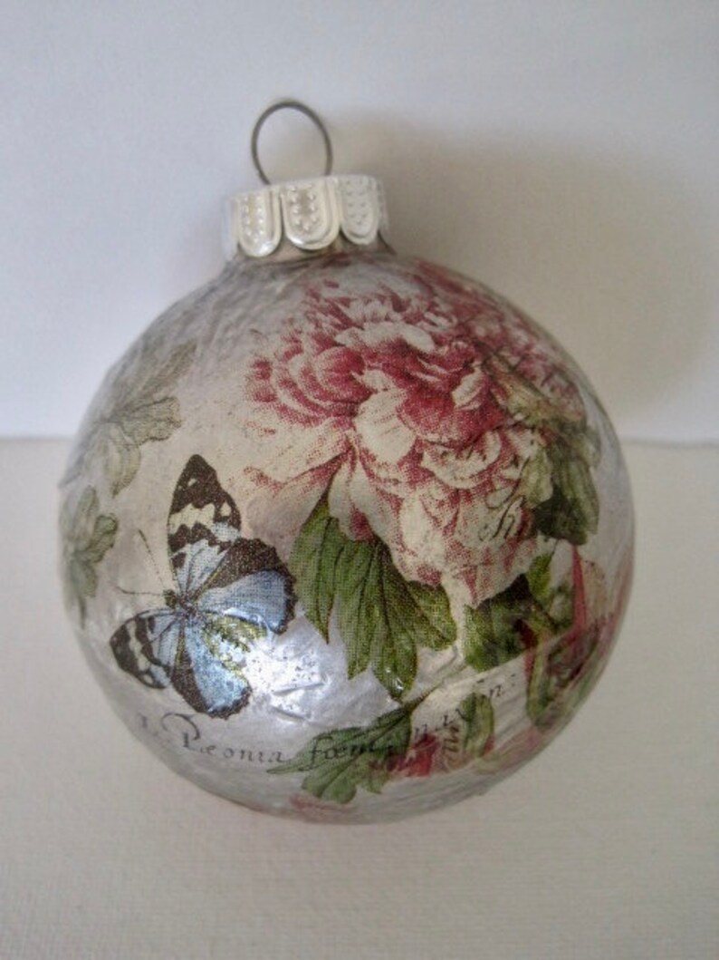 Decoupage Christmas Ball Ornament Cabbage Roses Butterflies Etsy