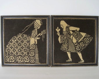 Antique Pair of Black and White Stitched Needlepoint King & Queen Figures in Original Frames