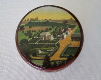Primitive American Folk Landscape Decoupage Pill Box -- Small, 1.5"