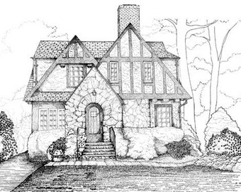 Large Sized Custom House Portrait -- Pen & Ink -- 14" x 18"