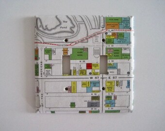 Decoupage Switch Plate -- 1940s New York Manhattan Street Map of Midtown with labeled landmarks -- Double Outlet -- 5" x 5"