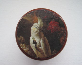 Victorian Parrot Portrait Decoupage Pill Box -- Small, 1.5"