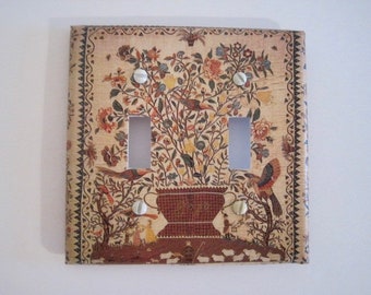 Decoupage Switchplate -- Antique Folk Art Quilt with Birds, Flowers, Urn -- Double Outlet -- 4.5" x 4.5"
